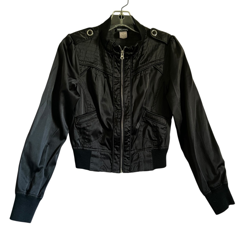 Wet Seal Y2K Black Satin Moto Jacket Juniors/Womens L Emo Club Goth‎ Punk Scene